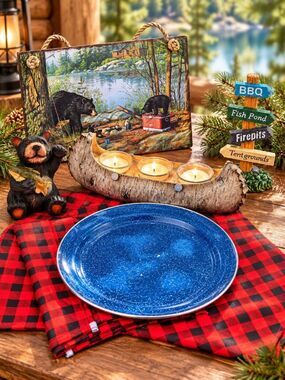 Rustic Cabin Camping Decor 8pc Bear Canoe Lodge RV Camp Party Set Buffalo Plaid